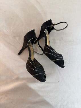 Audrey Brooke Black Suede Gold Trim Peep Toe Ankle Strap Heels Size 6.5M